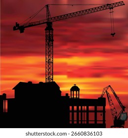 ilustração com guindastes de torre e construção em fundo de pôr do sol vermelho