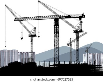 illustration with tower cranes and building on white background