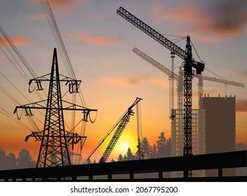ilustración con grúas de torre y edificio al atardecer