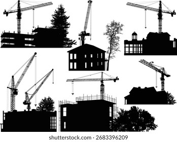 Ilustración con grúas de torre y edificios sobre fondo blanco