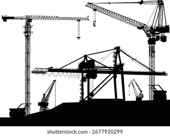 illustration with tower cranes isolated on white background