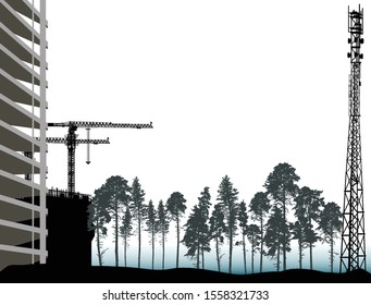 illustration with tower cranes and trees isolated on white background