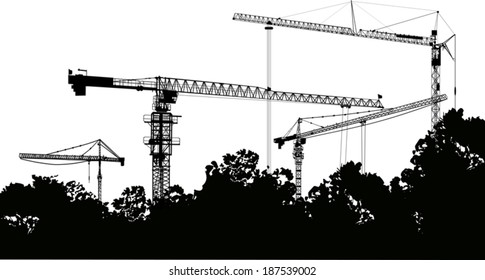 illustration with tower cranes and trees isolated on white background