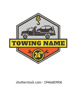 illustration of a towing truck evacuating a broken car, logo template for towing service.