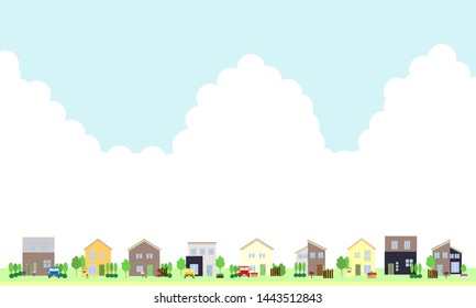 It is an illustration of a town with copy space, sky and clouds.