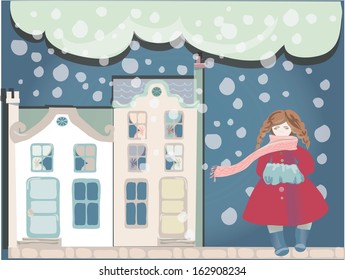 Illustration of town and girl
