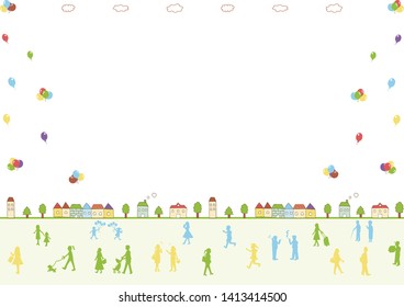 illustration of town and life style people with balloon frame