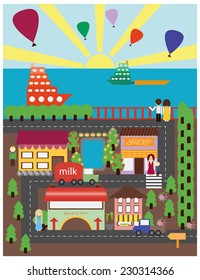 Illustration of town on the river. Relaxed atmosphere, ships, parks, hot air balloons. Flat vector background with buildings and landscape.