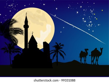 illustration with town in sand desert at night