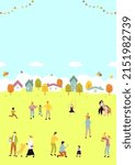 illustration of town village landscape and everyday people