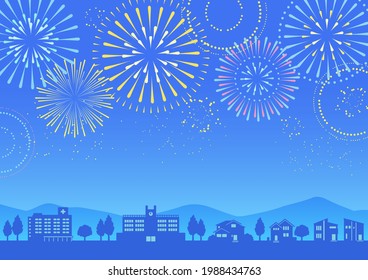 Illustration of townscape with fireworks (silhouette)