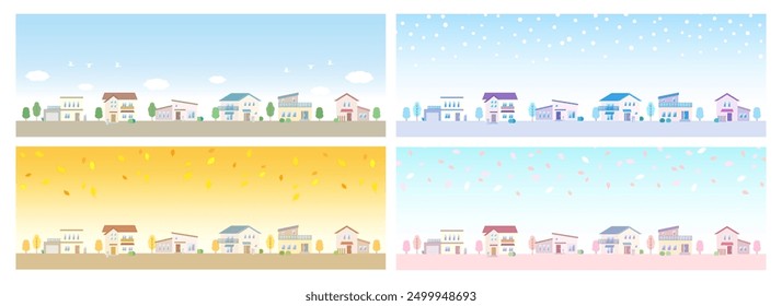 Illustration of a townscape: four seasons (spring, summer, fall, and winter) and a residential area with rows of houses