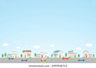 Illustration of a townscape: four seasons (spring, summer, fall, and winter) and a residential area with rows of houses