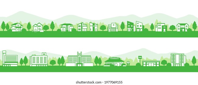 Illustration of townscapes with modern houses (green)