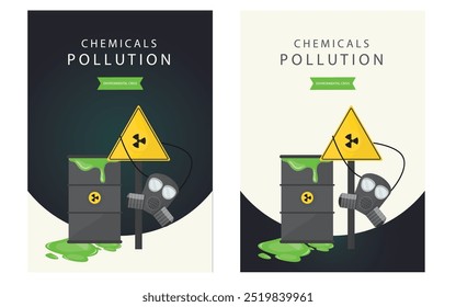 Illustration of toxic chemical barrels leaking green waste, with gas mask and hazard signs, highlighting environmental pollution dangers. Poster set chemicals pollution