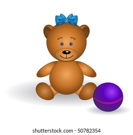 Illustration: toy bear-babe with a bow and a ball