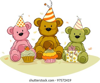 Illustration of Toy Bears Celebrating Their Birthdays