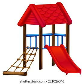 Illustration of a toy house at the park with a slide on a white background 