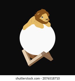 An illustration of a toy lion lying on a lamp in shape of a moon