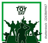 Illustration of toy soldiers posing with bold text in a frame on a white background to celebrate Toy Soldier Day on March 4