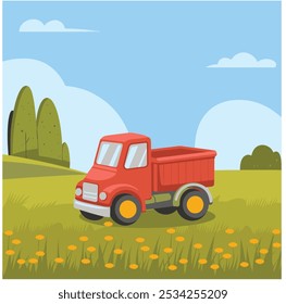 An illustration of a toy truck for kids. The truck is red and has yellow wheels. It is parked on a grassy field. There are trees in the background. The sky is clear with a few clouds. The ground is co