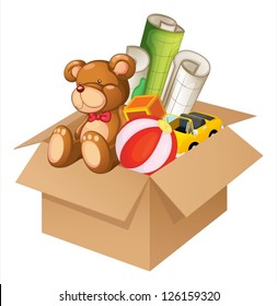 Illustration of toys in a box on a white background