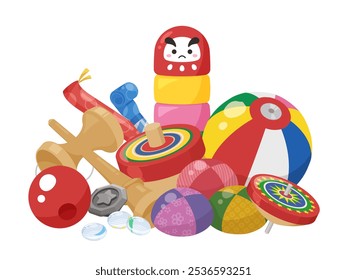 Illustration of toys used in old-fashioned games