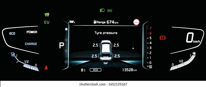 Illustration of TPMS (Tire Pressure Monitoring System) monitoring display on car dashboard panel. Pressure measurement given in bar. Digital screen shows right tyre pressure. Cluster in hybrid vehicle