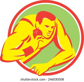 Illustration of a track and field shot put athlete ready to throw ball set inside circle on isolated background done in retro style.