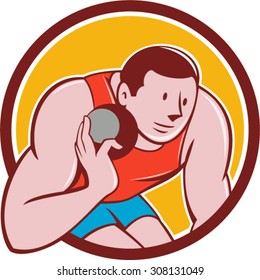Illustration of a track and field shot put athlete ready to throw ball viewed from front set inside circle on isolated background done in cartoon style.