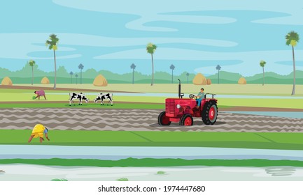 Illustration of a Tractor in agricultural field, farmers are working in farming land, vector