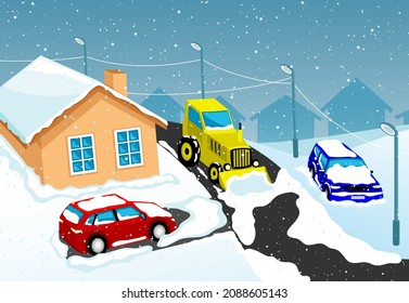 Illustration of a tractor clearing the road of snow and cars in the snow on a winter background.