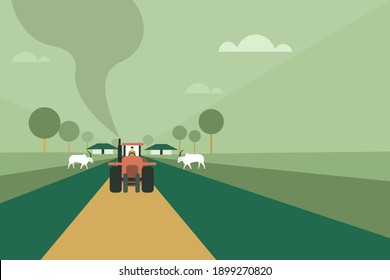 Illustration of a tractor moving through the farm road