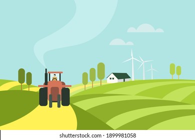 Illustration of a tractor moving through a farm with farm house and wind mills