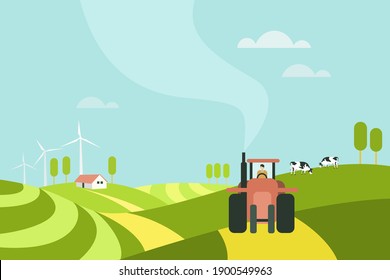 Illustration of a tractor moving through a farm