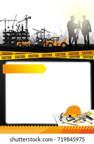 Illustration Tractor plowing a area for construction, vector background info graphics,Engineers inspecting site, Book Cover Design.