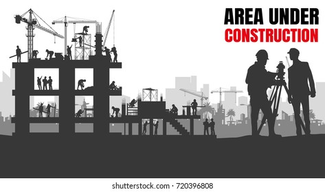 Illustration Tractor plowing a area for construction, vector background info graphics,Engineers inspecting site, Book Cover Design.