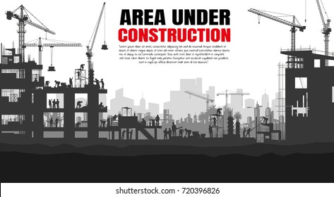 Illustration Tractor plowing a area for construction, vector background info graphics,Engineers inspecting site, Book Cover Design.