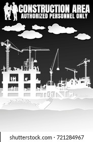 Illustration Tractor plowing a area for construction, vector background info graphics,Engineers inspecting site, Book Cover Design.