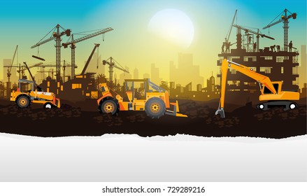 Illustration Tractor plowing a area for construction,Book Cover Design.