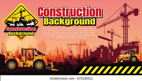 Illustration Tractor plowing a area for construction,Building under Construction site,Construction crane silhouette vector.