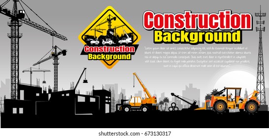 Illustration Tractor plowing a area for construction,Building under Construction site,Construction crane silhouette vector.