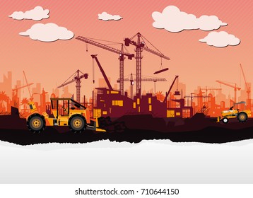 Illustration Tractor plowing a area for construction,Building under Construction site, Construction crane silhouette vector.