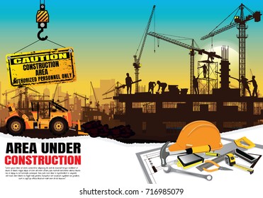 Illustration Tractor plowing a area for construction,construction vector background,Construction info graphics, Book Cover Design.