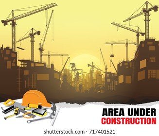 Illustration Tractor plowing a area for construction,construction vector background,Construction info graphics, Book Cover Design.