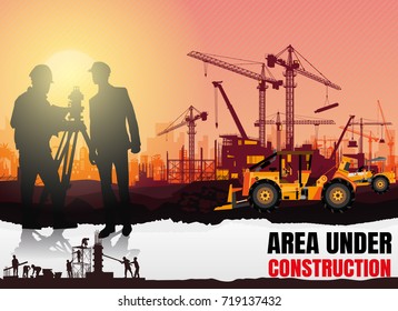 Illustration Tractor plowing a area for construction,construction vector background,Construction info graphics,Engineers inspecting construction site, Book Cover Design. - Shutterstock ID 719137432