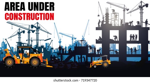 Illustration Tractor plowing a area for construction,construction vector background,Construction info graphics,Engineers inspecting construction site, Book Cover Design.