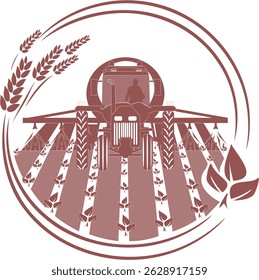 Illustration of a tractor with a sprayer working in a field. Stylized, monochrome, vector image of a tractor spraying a field. with