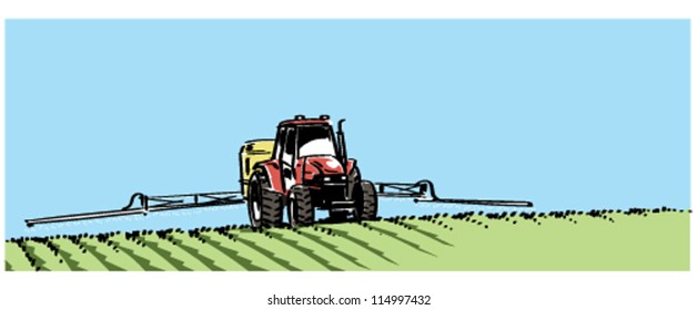 Illustration of a tractor working with sprayer on field. EPS8-file, fully editable and all labeled in layers.