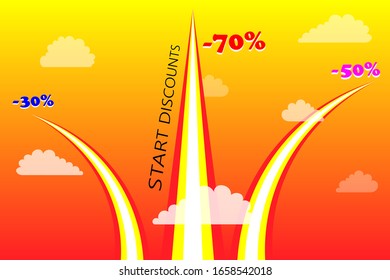 Illustration for trade and market - Lettering Start of discounts. Discounts of 70, 50, 30% take off like rockets against the sky and clouds. Bright colours.  Horizontal orientation. 